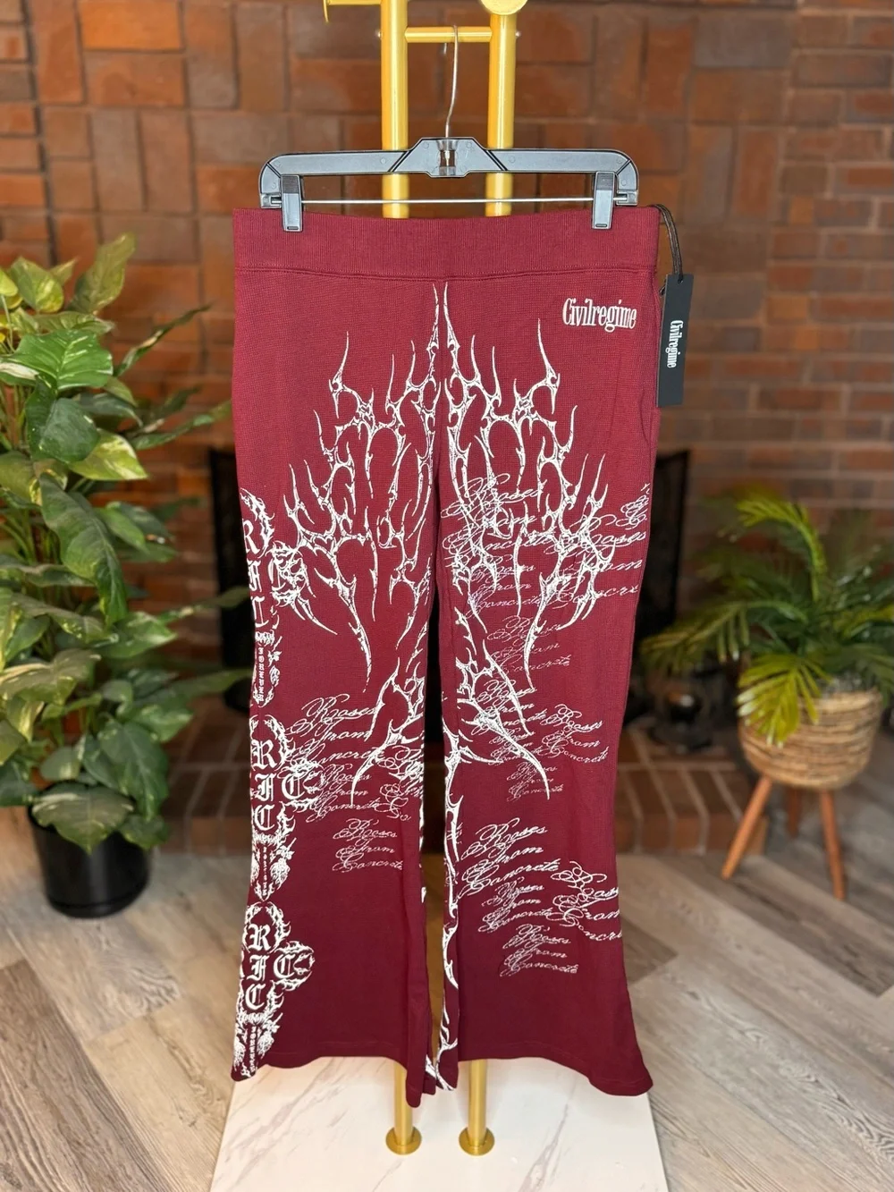 Civil Regime Roses From Concrete Graphic Flare Pants Burgundy Large NWT